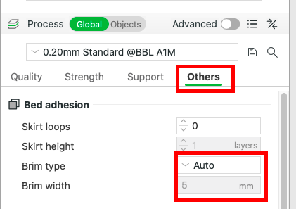 Screenshot for brim setting in Bambu Studio
