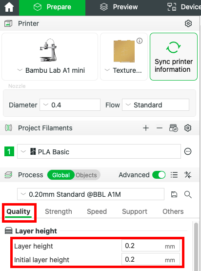 Screenshot for layer height setting in Bambu Studio