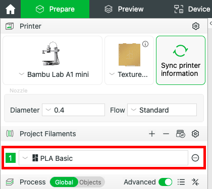 Screenshot for filament setting in Bambu Studio