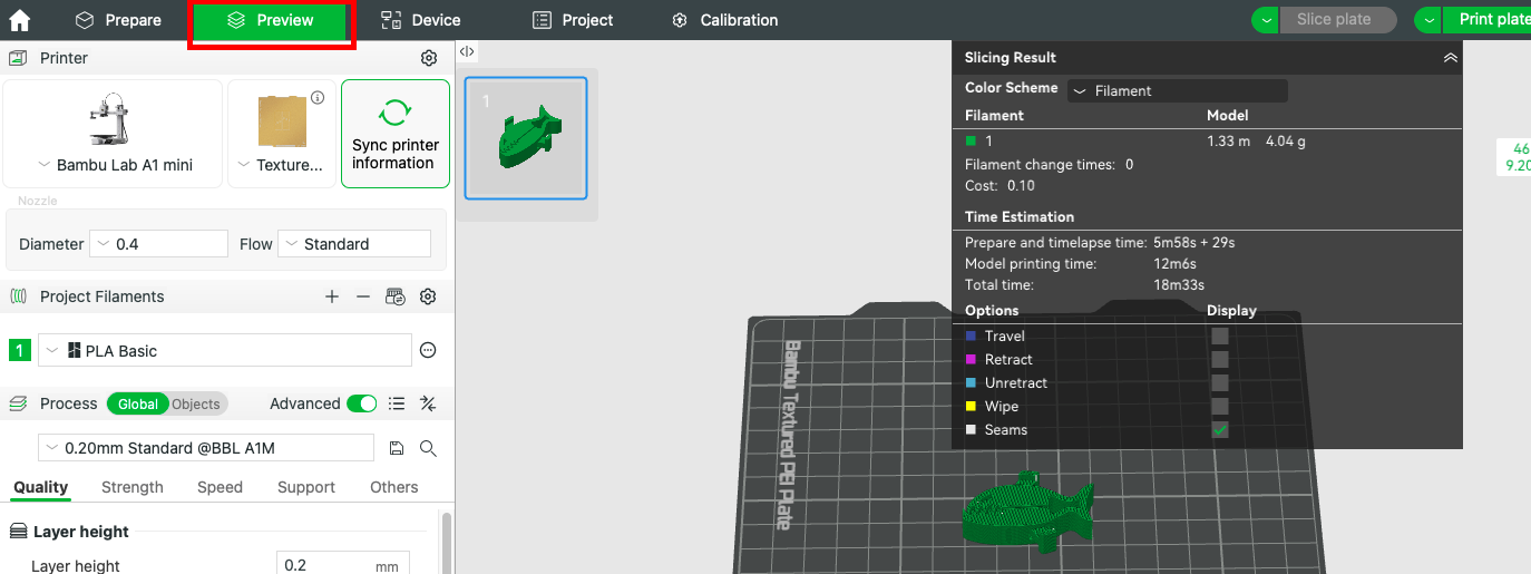 Screenshot for preview setting in Bambu Studio