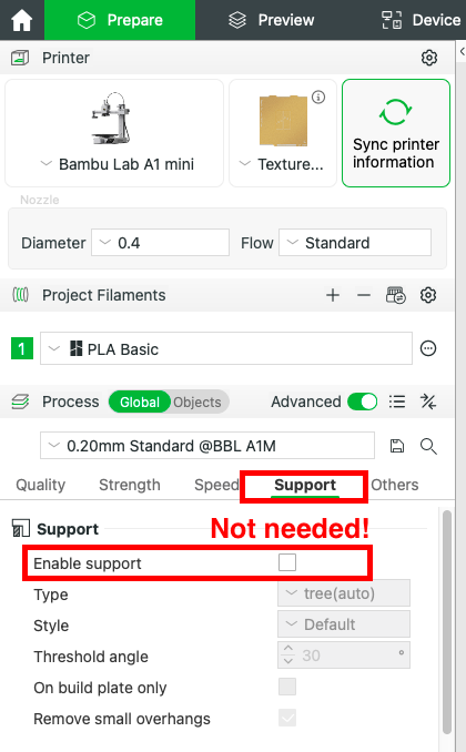 Screenshot for support setting in Bambu Studio